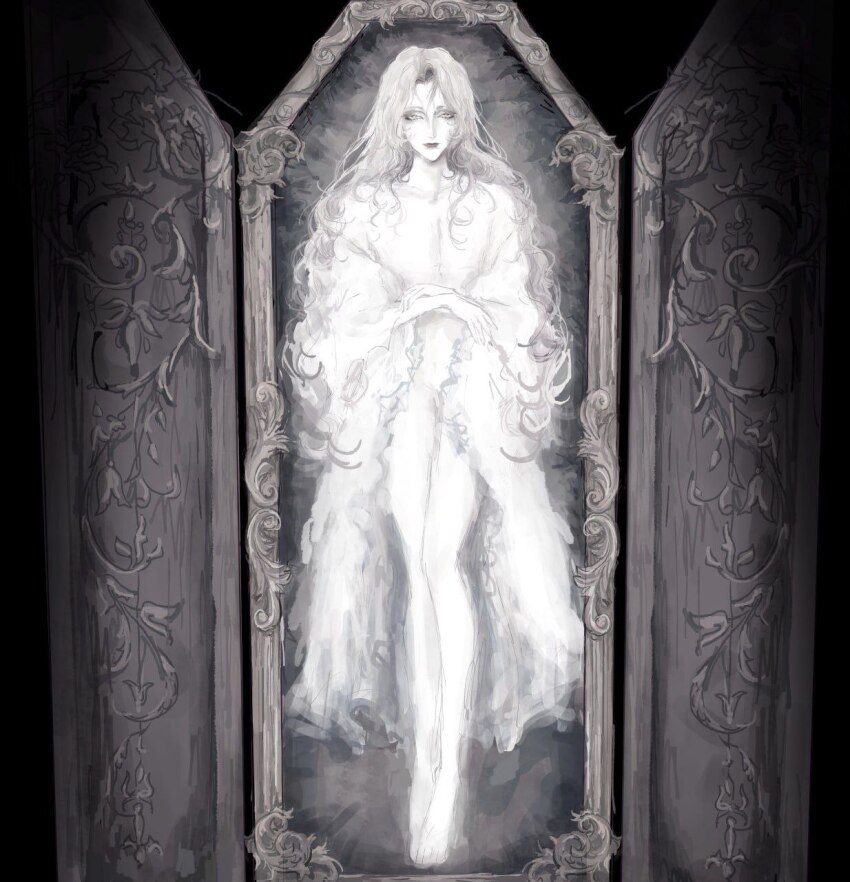 1boy alucard_(castlevania) black_background castlevania_(series) coat coffin commentary crossed_arms expressionless filigree full_body fur_coat greyscale highres kirkkafrr long_hair male_focus monochrome nude parted_bangs simple_background solo symbol-only_commentary very_long_hair