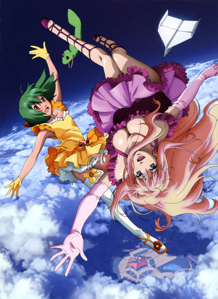 2girls :d above_clouds absurdres ahoge ai-kun blonde_hair blue_eyes breasts cleavage cloud dress dutch_angle earrings elbow_gloves falling freefall frilled_dress frills gloves green_hair highres jewelry large_breasts leg_ribbon long_hair long_legs macross macross_frontier multiple_girls official_art open_mouth outstretched_arms outstretched_hand paper_airplane ranka_lee red_eyes ribbon scan sheryl_nome short_hair sky small_breasts smile spread_arms takahashi_yuuichi thighhighs upside-down white_legwear