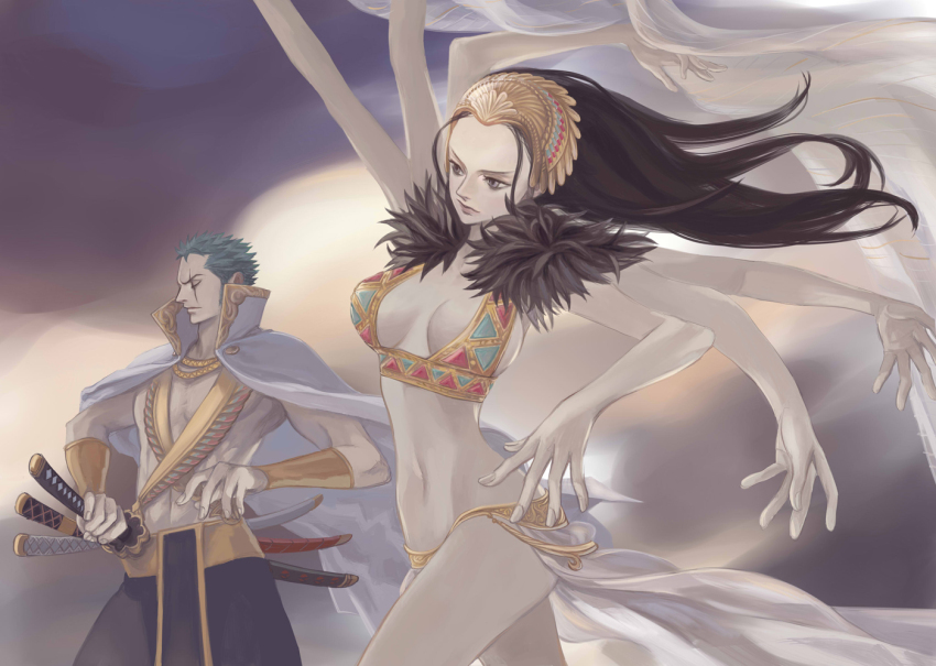 1boy 1girl black_hair closed_mouth commentary_request devil_fruit_power extra_arms floating_hair green_hair hair_ornament hana_hana_no_mi high_collar koga_(017) long_hair looking_ahead navel nico_robin one_piece profile roronoa_zoro scar scar_across_eye scar_on_face short_hair sword weapon