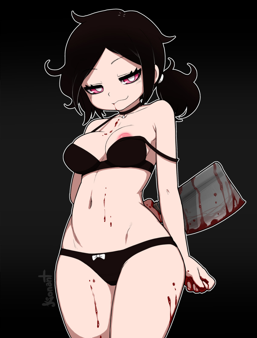1girl :3 ashley_graves balcony black_bra black_choker black_panties blood blood_from_mouth blood_on_arm blood_on_hands blood_on_stomach bow bow_panties bra breasts choker cleaver commentary cowboy_shot english_commentary highres holding holding_cleaver kionant medium_breasts naughty_face navel nipple_slip nipples panties ponytail red_eyes solo strap_slip the_coffin_of_andy_and_leyley underwear underwear_only