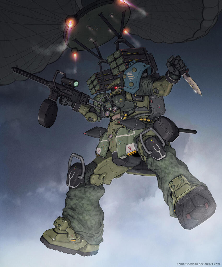 ammunition armor blue_armor camouflage cloud cloudy_sky combat_knife cyclops drum_magazine glowing glowing_eye green_armor gun gundam highres holding holding_gun holding_knife holding_weapon knife magazine_(weapon) mecha mecha_focus military missile missile_pod no_humans nomansnodead one-eyed parachute paratrooper pauldrons red_eyes robot science_fiction scope shoulder_armor sky solo solo_focus submachine_gun weapon zaku zaku_ii