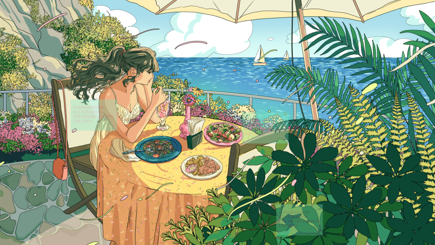 1girl blue_sky boat cloud english_text eniddin food green_hair highres ligne_claire long_hair original outdoors plant plate ponytail sitting sky spoon stone_floor table water watercraft watermark
