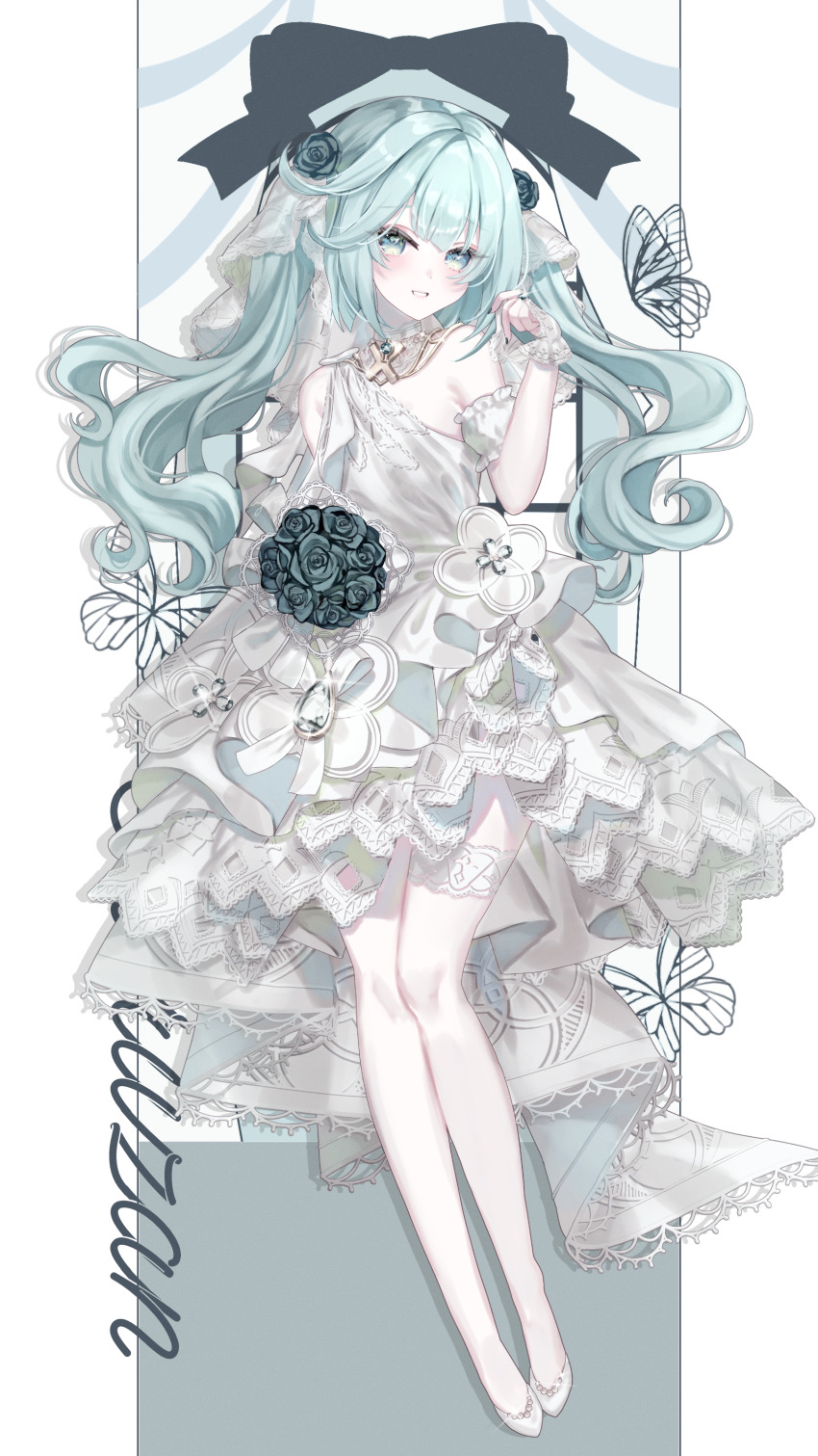 1girl absurdres alternate_costume anninufufu aqua_eyes aqua_hair blue_flower blush bouquet character_name commentary dress faruzan_(genshin_impact) fingerless_gloves fingernails flower full_body genshin_impact gloves hair_flower hair_ornament highres long_hair looking_at_viewer parted_lips shoes single_bare_shoulder solo symbol-only_commentary thighhighs twintails very_long_hair white_dress white_gloves white_shoes white_thighhighs