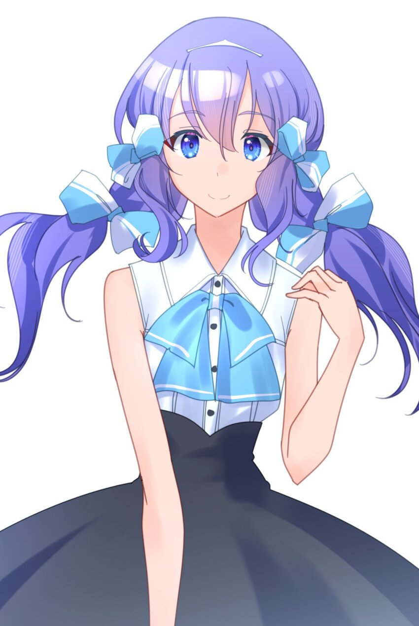 1girl alternate_costume alternate_hair_length alternate_hairstyle aqua_bow aqua_bowtie black_skirt blue_eyes bow bowtie collared_shirt commentary_request dress_shirt hair_bow hairband highres kantai_collection langley_(kancolle) long_hair purple_hair shirt simple_background skirt sleeveless sleeveless_shirt solo tsukasa_(tukasa_br) two-tone_bow white_background white_hairband white_shirt