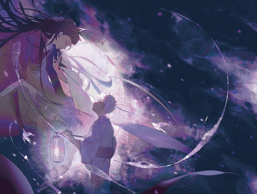 2boys absurdres artistguillotine black_hair chinese_commentary closed_mouth commentary_request earrings getou_suguru gojou_satoru grey_kimono highres holding holding_lantern japanese_clothes jewelry jujutsu_kaisen kimono lantern long_hair long_sleeves male_focus multiple_boys obi paper_lantern purple_kimono purple_sash sash short_hair white_hair wide_sleeves