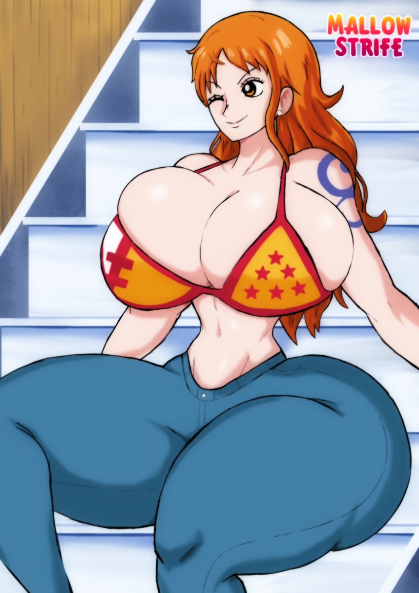 1girl ass breasts cleavage curvy ear_piercing female_focus highres huge_ass huge_breasts long_hair mallowstrife matching_hair/eyes nami_(one_piece) nami_(one_piece)_(punk_hazard) narrow_waist navel one_eye_closed one_piece orange_eyes orange_hair piercing skindentation solo tattoo thick_thighs thighs wide_hips