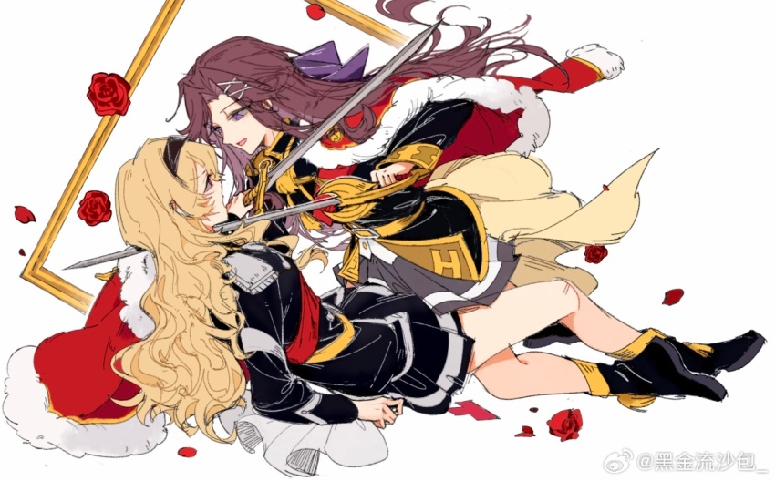 2girls blonde_hair brown_hair couple fighting_stance flower hair_ribbon headband holding holding_sword holding_weapon looking_at_another lying_on_another military_uniform multiple_girls picture_frame ribbon rose saijou_claudine shoujo_kageki_revue_starlight shoujo_kageki_revue_starlight_-re_live- sword tendou_maya weapon yuri