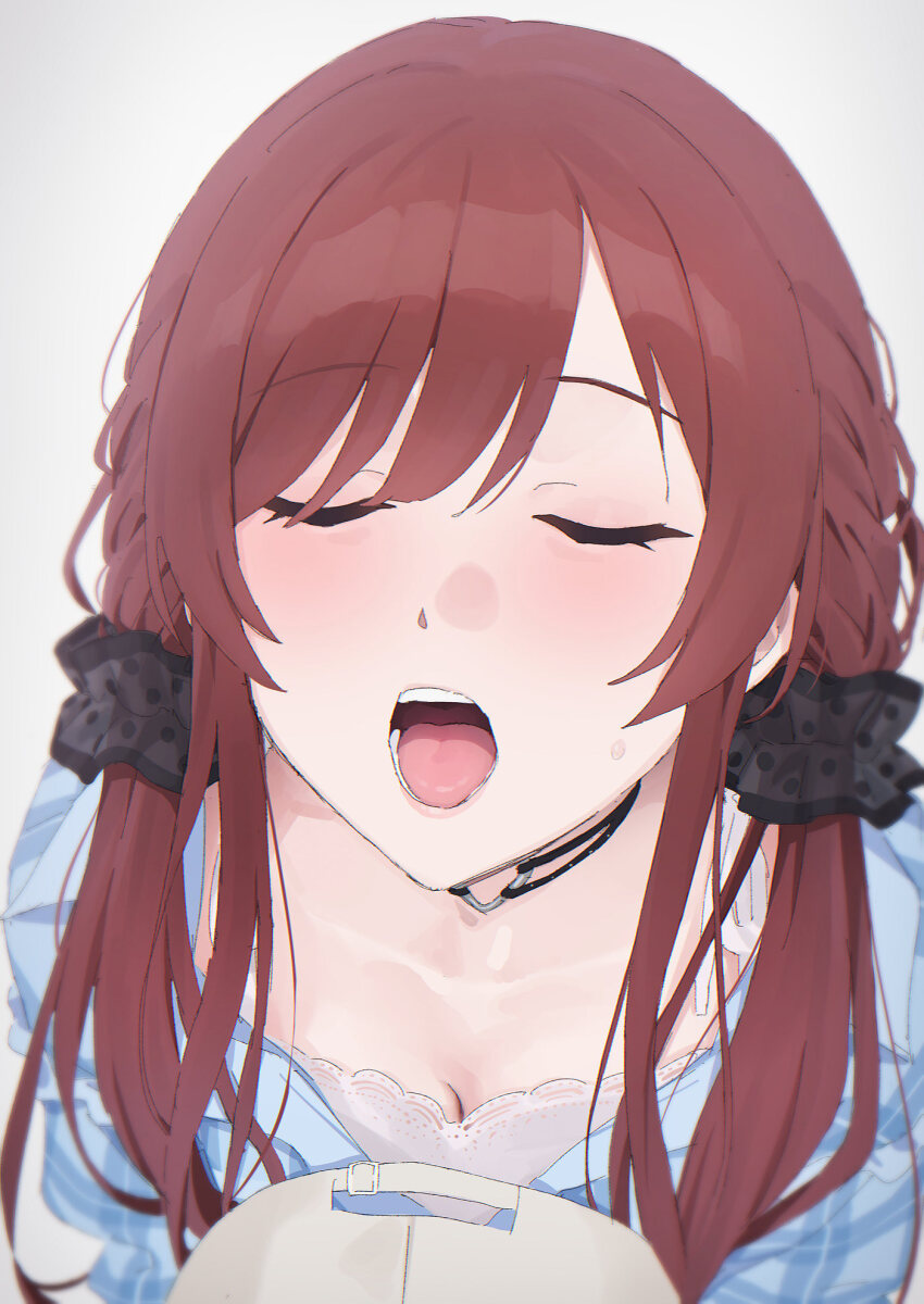 1girl baseball_cap blush closed_eyes commentary hair_ornament hair_scrunchie hat highres idolmaster idolmaster_shiny_colors long_hair mikazuchi_zeus official_alternate_costume official_alternate_hairstyle open_mouth osaki_amana red_hair scrunchie solo sweat swept_bangs tongue tongue_out twintails unworn_hat unworn_headwear