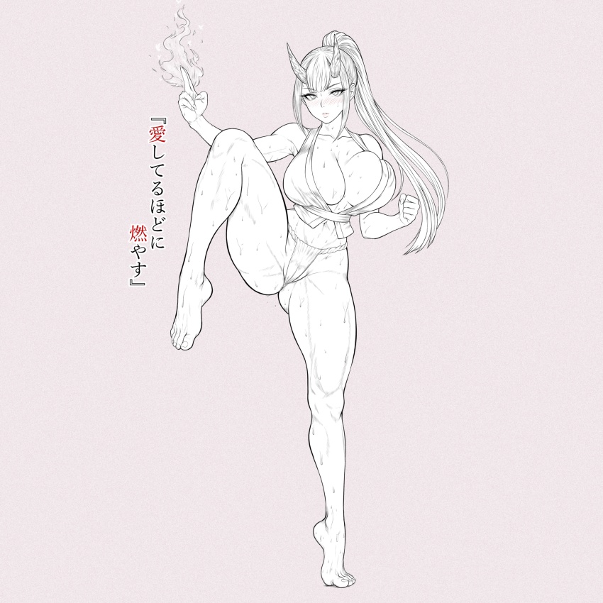 1girl absurdres blush breasts cameltoe cleavage clenched_hand collarbone commentary double-parted_bangs english_commentary feet fire full_body fundoshi grey_background greyscale hand_up highres horns huge_breasts japanese_clothes jrin_27 knee_up knees legs lineart long_hair long_legs looking_at_viewer monochrome navel oni original parted_lips partially_visible_vulva pyrokinesis solo standing standing_on_one_leg sweat tiptoes toes translation_request unfinished very_sweaty
