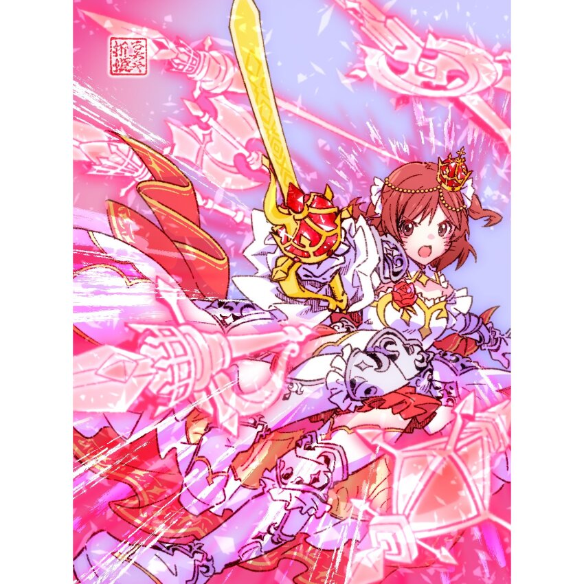 1girl aijou_karen armor armored_boots artist_name axe battle_axe blue_background blush boots brown_eyes brown_hair commentary crown detached_collar detached_sleeves dress energy flower foot_out_of_frame frilled_dress frills gradient_background hair_ribbon hands_up highres holding holding_sword holding_weapon long_sleeves looking_at_viewer midair mini_crown multiple_weapons official_alternate_costume one_side_up open_mouth oriotohime outstretched_arms pauldrons pillarboxed polearm poleyn purple_background red_dress red_flower red_rose ribbon rose short_hair shoujo_kageki_revue_starlight shoujo_kageki_revue_starlight_-re_live- shoulder_armor single_pauldron solo spear strapless strapless_dress sword thighhighs two-tone_dress v-shaped_eyebrows vambraces weapon white_dress white_ribbon white_thighhighs