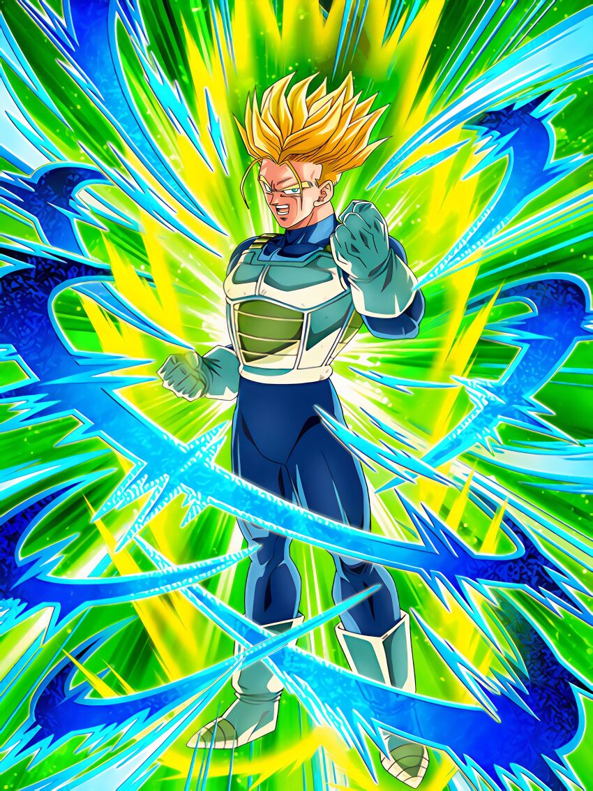 1boy absurdres aura blonde_hair dokkan_battle dragon_ball green_eyes highres looking_at_viewer muscular muscular_male official_art saiyan_armor serious solo spiked_hair super_saiyan trunks_(dragon_ball) trunks_(future)_(dragon_ball)
