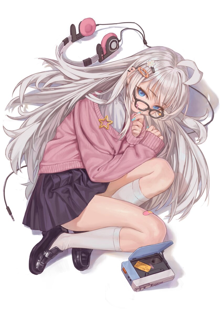 1girl ahoge bandaid bandaid_on_leg blue_eyes cardigan cassette_player ear_piercing fingernails full_body glasses grey_hair hair_ornament hairclip headphones highres loafers long_fingernails long_hair looking_at_viewer naruto_maki_(naruto05) original piercing shoes skirt solo