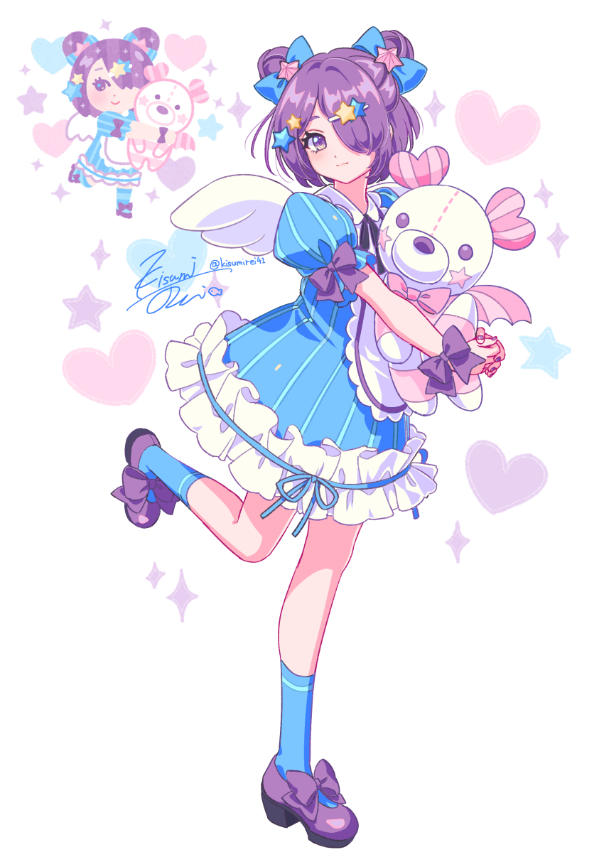 1girl absurdres apron blue_bow blue_dress blue_socks blush bow closed_mouth collared_dress double_bun dress frilled_dress frills full_body hair_bow hair_bun hair_ornament hair_over_one_eye hairclip heart highres holding holding_stuffed_toy hugging_object irasutoya kisumi_rei looking_at_viewer mary_janes puffy_short_sleeves puffy_sleeves purple_eyes purple_hair purple_ribbon purple_shoes ribbon shoes short_hair short_sleeves signature smile socks solo sparkle standing standing_on_one_leg star_(symbol) star_hair_ornament stuffed_toy twitter_username white_apron white_background white_wings wings yume_kawaii yumekawa_joshi_(irasutoya)