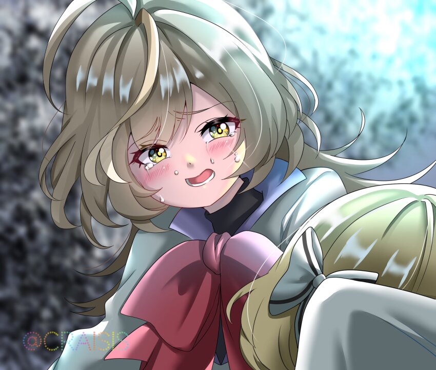 2girls ahoge artist_name assault_lily black_shirt blonde_hair blurry blurry_background blush bow bowtie commentary_request craisis_(craisis2) crying crying_with_eyes_open esaka_shizuku grey_hair grey_jacket hair_bow head_on_arm herensuge_girls_academy_school_uniform highres jacket long_hair long_sleeves looking_at_viewer lower_teeth_only multicolored_hair multiple_girls open_mouth outdoors raised_eyebrows red_bow red_bowtie sasaki_ran school_uniform shirt sleeves_past_fingers sleeves_past_wrists solo_focus sparkle streaked_hair tears teeth upper_body white_bow yellow_eyes