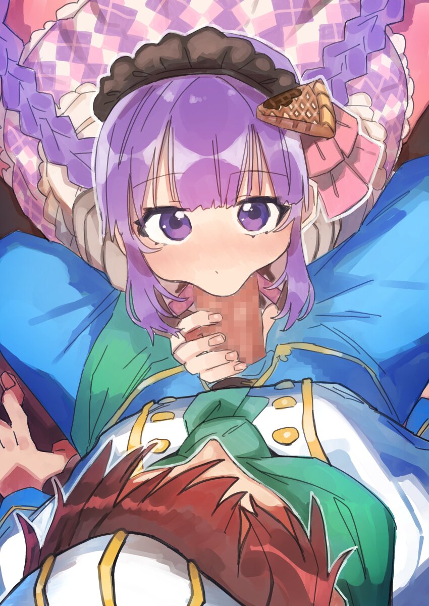 1boy 1girl absurdres asbel_lhant asbel_lhant_(white_day) black_headdress blush braid braided_twintails censored commission diamond_print fellatio from_above hair_ornament hat headdress highres looking_at_viewer mogamiya_honu mosaic_censoring official_alternate_costume official_alternate_hairstyle oral pants pie_hair_ornament purple_eyes red_hair scarf sitting skirt sophie_(pure_patissiere)_(tales) sophie_(tales) tales_of_(series) tales_of_asteria tales_of_graces tales_of_the_rays twintails