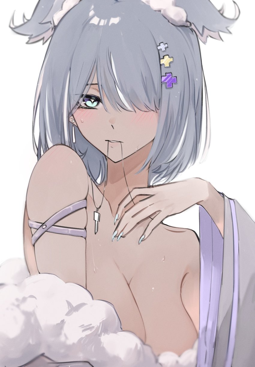 1girl absurdres blue_eyes blue_hair blush breasts cleavage collarbone daiishori elira_pendora elira_pendora_(2nd_costume) eyebrows_hidden_by_hair grey_kimono hair_over_one_eye head_wings highres in_mouth japanese_clothes jewelry key kimono large_breasts looking_at_viewer necklace nijisanji nijisanji_en off_shoulder official_alternate_costume one_eye_covered solo virtual_youtuber white_background wings