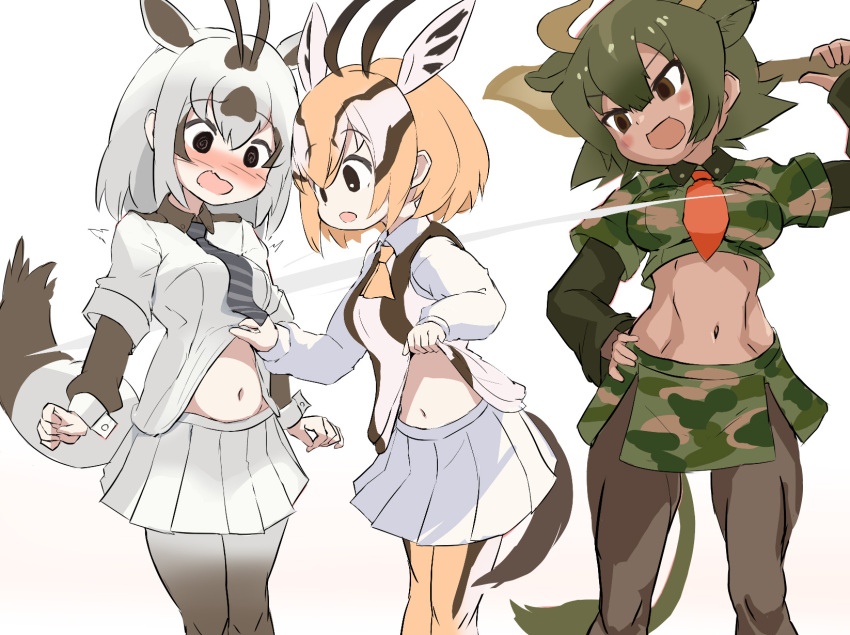 3girls abs animal_ears arabian_oryx_(kemono_friends) aurochs_(kemono_friends) blush brown_eyes brown_hair brown_pantyhose brown_sleeves brown_vest camouflage camouflage_shirt camouflage_skirt clothes_lift collared_shirt cow_ears cow_girl cow_horns cow_tail cowboy_shot crop_top dark_skin embarrassed extra_ears gazelle_ears gazelle_girl gazelle_horns gazelle_tail gradient_pantyhose green_hair green_sleeves grey_necktie hair_between_eyes highres horns kemono_friends koutsuu_(koutuukanseikan) lifting_another&#039;s_clothes long_sleeves midriff_peek multicolored_hair multiple_girls navel necktie open_mouth orange_necktie pantyhose pencil_skirt pleated_skirt red_necktie shirt shirt_lift short_hair short_necktie short_sleeves sidelocks skirt sleeve_cuffs smile striped_necktie t-shirt tail thomson&#039;s_gazelle_(kemono_friends) vest white_hair white_pantyhose white_shirt white_skirt
