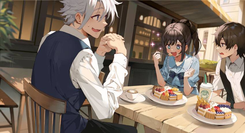 1girl 2boys absurdres alina_clover ashley_(girumasu) black_hair black_pants black_vest blue_dress blue_eyes blue_vest blueberry blush cake coffee dessert dress dress_shirt eating food fork frills fruit gaou_(umaiyo_puyoman) guild_no_uketsukejou_desu_ga_zangyou_wa_iya_nanode_boss_wo_solo_toubatsu_shiyou_to_omoimasu happy highres holding holding_fork jade_scrade long_hair multiple_boys novel_illustration official_art open_mouth outdoors own_hands_together pants shirt sitting starbucks strawberry table vest white_hair white_shirt