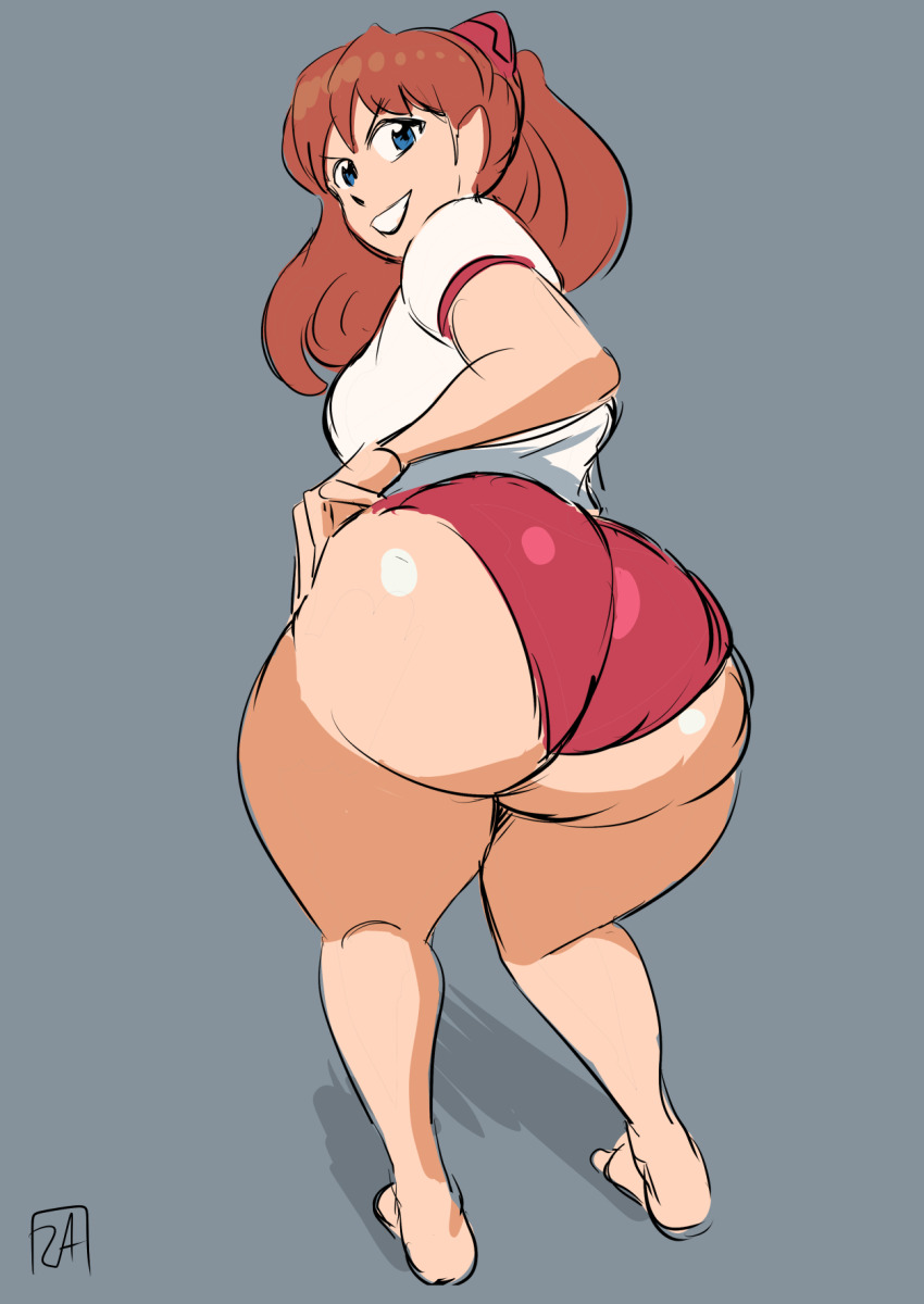 1girl ass bare_legs barefoot blue_eyes breasts brown_hair buruma butt_crack curvy full_body grey_background grin gym_uniform hand_on_own_hip highleg highleg_buruma highres huge_ass long_hair looking_at_viewer looking_back naughty_face neon_genesis_evangelion red_buruma shiny_clothes shirt simple_background skindentation smile smug solo source_request souryuu_asuka_langley standing two_side_up white_shirt wide_hips zestysauce