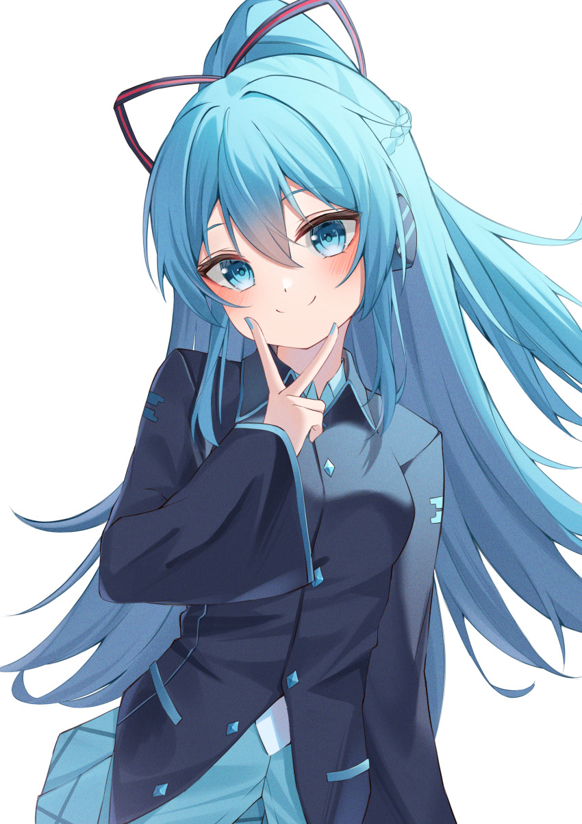 1girl absurdres black_jacket blue_eyes blue_hair blue_shirt blush breasts closed_mouth collared_jacket collared_shirt commentary hair_between_eyes hair_ribbon hand_up hatsune_miku hatsune_miku_(if) headphones highres jacket long_hair long_sleeves looking_at_viewer medium_breasts ponytail ribbon ryaru_ryaru shirt simple_background smile solo upper_body v vocaloid white_background wide_sleeves