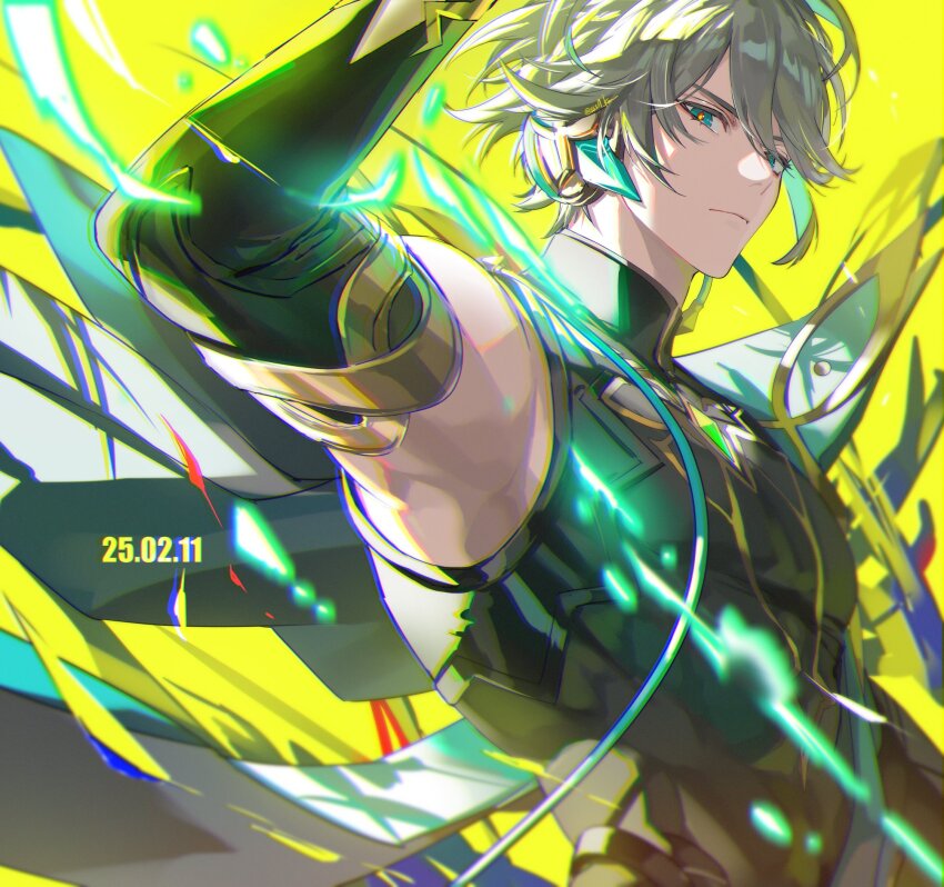 1boy alhaitham_(genshin_impact) aqua_hair armpits cape chest_jewel colored_inner_hair compression_shirt detached_sleeves gem genshin_impact green_cape green_eyes green_gemstone grey_hair highres koujisako looking_at_viewer male_focus multicolored_hair muscular muscular_male pectorals shirt short_hair simple_background solo yellow_background