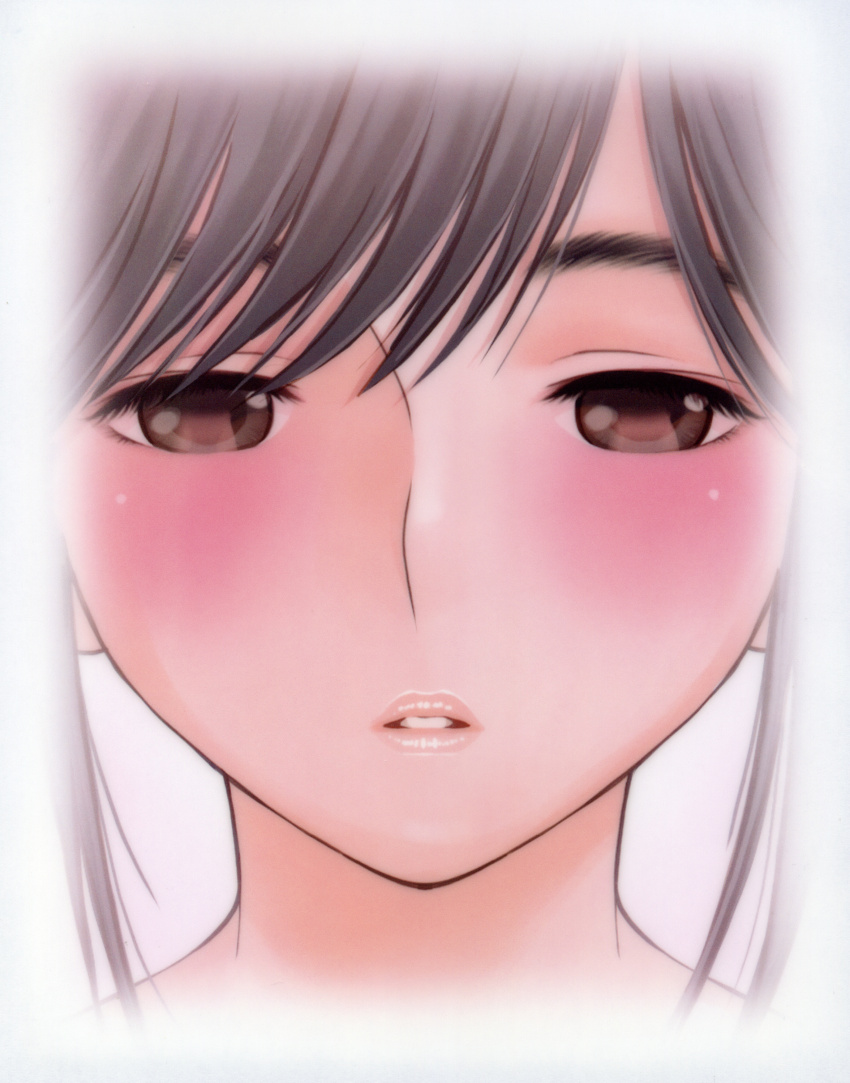 1girl absurdres black_hair blush brown_eyes close-up half-closed_eyes highres imminent_kiss looking_at_viewer love_plus official_art parted_lips solo takane_manaka