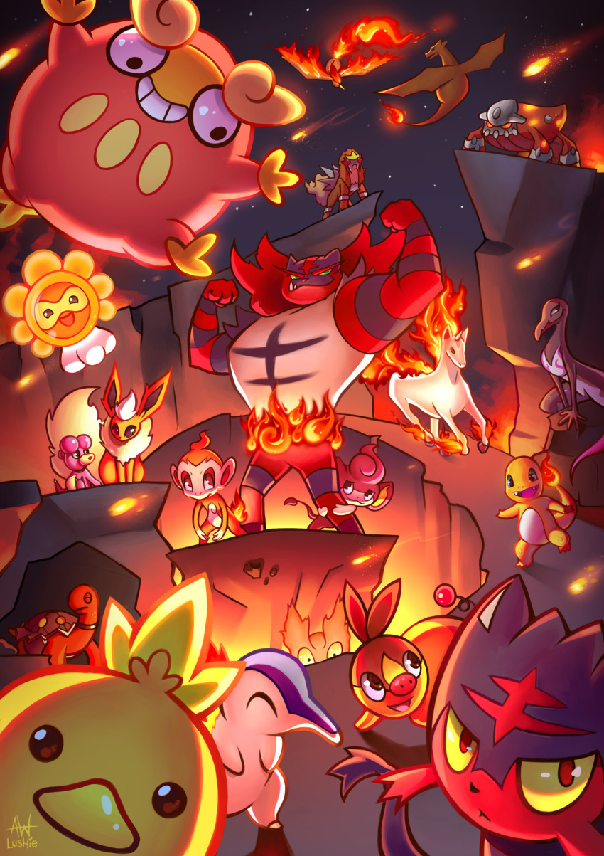 bird castform castform_(sunny) charizard charmander chimchar cliff closed_eyes commentary creature cyndaquil dragon english_commentary entei eye_contact fiery_hair fiery_tail fire flame-tipped_tail flareon flexing flying furry gen_1_pokemon gen_2_pokemon gen_3_pokemon gen_4_pokemon gen_5_pokemon gen_7_pokemon grin heatran highres incineroar jumping legendary_pokemon litten looking_at_another lushiesart magby moltres monkey night night_sky nintendo outdoors pansear pokemon pokemon_(creature) rapidash salazzle signature sky smile star_(sky) starry_sky tail tepig torchic torkoal unicorn