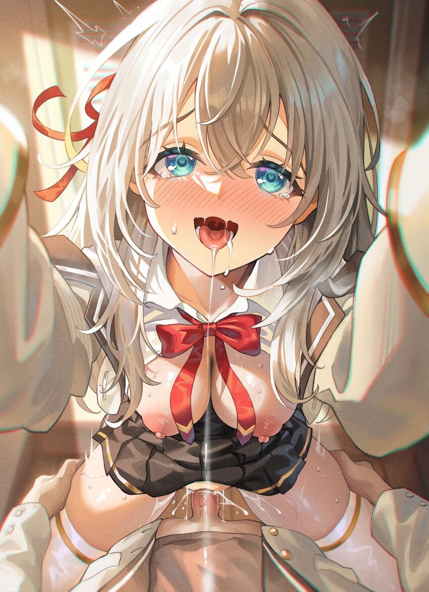 1boy 1girl :d absurdres after_kiss ahoge alisa_mikhailovna_kujou blue_eyes blush bow bowtie breasts breasts_out clothed_sex commentary_request couple drooling ecstasy elocca hair_between_eyes hair_ribbon hands_on_another&#039;s_thighs happy heart heart-shaped_pupils hetero highres indoors jacket kuze_masachika large_breasts long_hair looking_at_viewer lovestruck mouth_drool nipples open_mouth penis pov pov_crotch pov_hands red_bow red_bowtie red_ribbon ribbon school_uniform seiren_academy_school_uniform sex shirt skirt smile solo_focus straight-on symbol-shaped_pupils thighhighs tokidoki_bosotto_roshia-go_de_dereru_tonari_no_alya-san uncensored vaginal white_hair white_thighhighs zettai_ryouiki