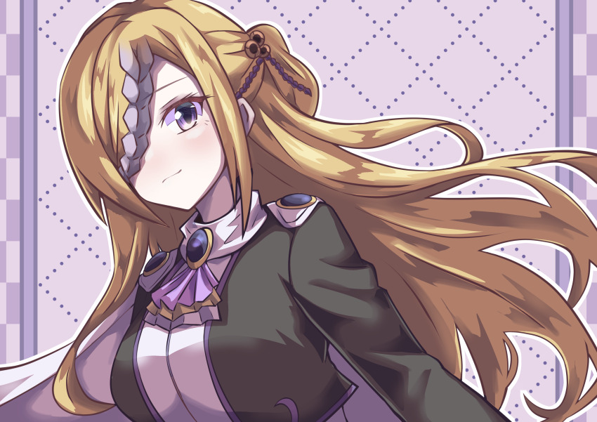 1girl absurdres aegislash ascot blonde_hair cape gen_6_pokemon grey_hair hair_over_one_eye highres long_hair long_sleeves multicolored_hair nintendo parted_bangs personification pokemon purple_ascot purple_eyes smile solo streaked_hair upper_body yokomiya4538