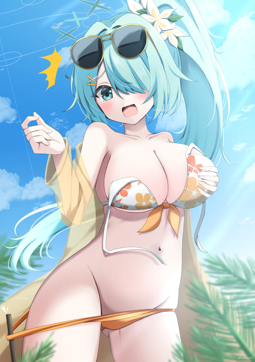 1girl ^^^ absurdres bare_shoulders bikini bikini_bottom_pull blue_archive blue_sky blush breasts cleavage collarbone commentary_request cowboy_shot curvy day eyebrows_hidden_by_hair eyewear_on_head floating_hair floral_print floral_print_bikini flower gluteal_fold grabbing_own_breast green_eyes green_hair green_halo groin hair_between_eyes hair_flower hair_intakes hair_ornament hair_over_one_eye hairclip halo hands_up highres hiyori_(blue_archive) hiyori_(swimsuit)_(blue_archive) jacket kamesys large_breasts leaf_hair_ornament long_bangs long_hair looking_at_viewer multicolored_bikini navel official_alternate_hairstyle one_eye_covered open_clothes open_jacket open_mouth orange_bikini orange_jacket outdoors palm_leaf print_bikini see-through_clothes see-through_jacket side_ponytail sky solo stomach sunglasses surprised swimsuit tearing_up tears two-tone_bikini very_long_hair wardrobe_malfunction white_bikini white_flower x_hair_ornament yellow-framed_eyewear