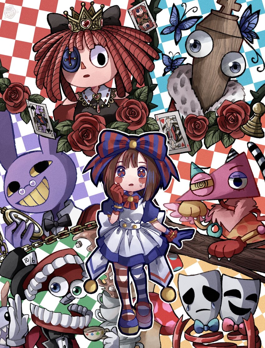 2others 3boys 3girls absurdres alice_(alice_in_wonderland) alice_(alice_in_wonderland)_(cosplay) alice&#039;s_adventures_in_wonderland alternate_costume animal_ears animal_hands apron artist_logo asymmetrical_footwear asymmetrical_gloves black_bow black_bowtie black_dress blue_bow blue_bowtie blue_eyes blue_footwear blush_stickers bow bowtie branch brown_hair bubble_(the_amazing_digital_circus) bug butterfly button_eyes buttons caine_(the_amazing_digital_circus) card chain cheshire_cat_(alice_in_wonderland) cheshire_cat_(alice_in_wonderland)_(cosplay) chess_piece clock collar colored_teeth cosplay cropped_torso crown crying crying_with_eyes_open cup diagonal-striped_bow disembodied_eye disposable_cup dress flower fur-trimmed_robe fur_collar fur_trim gangle_(the_amazing_digital_circus) glasses gloves hair_bow hat heart highres holding_clock insect jax_(the_amazing_digital_circus) king_(chess) king_of_hearts_(alice_in_wonderland) king_of_hearts_(alice_in_wonderland)_(cosplay) kinger_(the_amazing_digital_circus) leaf logo looking_at_viewer mad_hatter_(alice_in_wonderland) mad_hatter_(alice_in_wonderland)_(cosplay) march_hare_(alice_in_wonderland) march_hare_(alice_in_wonderland)_(cosplay) mask mismatched_footwear mismatched_gloves multicolored_eyes multiple_boys multiple_girls multiple_others mushroom no_gloves open_mouth pawn_(chess) pink_bow pink_bowtie pomni_(the_amazing_digital_circus) puffy_short_sleeves puffy_sleeves purple_fur queen_of_hearts_(alice_in_wonderland) queen_of_hearts_(alice_in_wonderland)_(cosplay) rabbit_boy rabbit_ears ragatha_(the_amazing_digital_circus) red_eyes red_footwear red_hair ribbon robe rose scruffyart short_sleeves smile socks stopwatch striped_clothes striped_socks sugar_cube sweatdrop tea teacup tears teeth the_amazing_digital_circus top_hat tweedledee_(alice_in_wonderland) tweedledee_(alice_in_wonderland)_(cosplay) tweedledum_(alice_in_wonderland) tweedledum_(alice_in_wonderland)_(cosplay) two-tone_eyes watch watermark waving white_apron white_dress white_gloves white_rabbit_(alice_in_wonderland) white_rabbit_(alice_in_wonderland)_(cosplay) wood yarn yellow_teeth zooble_(the_amazing_digital_circus)