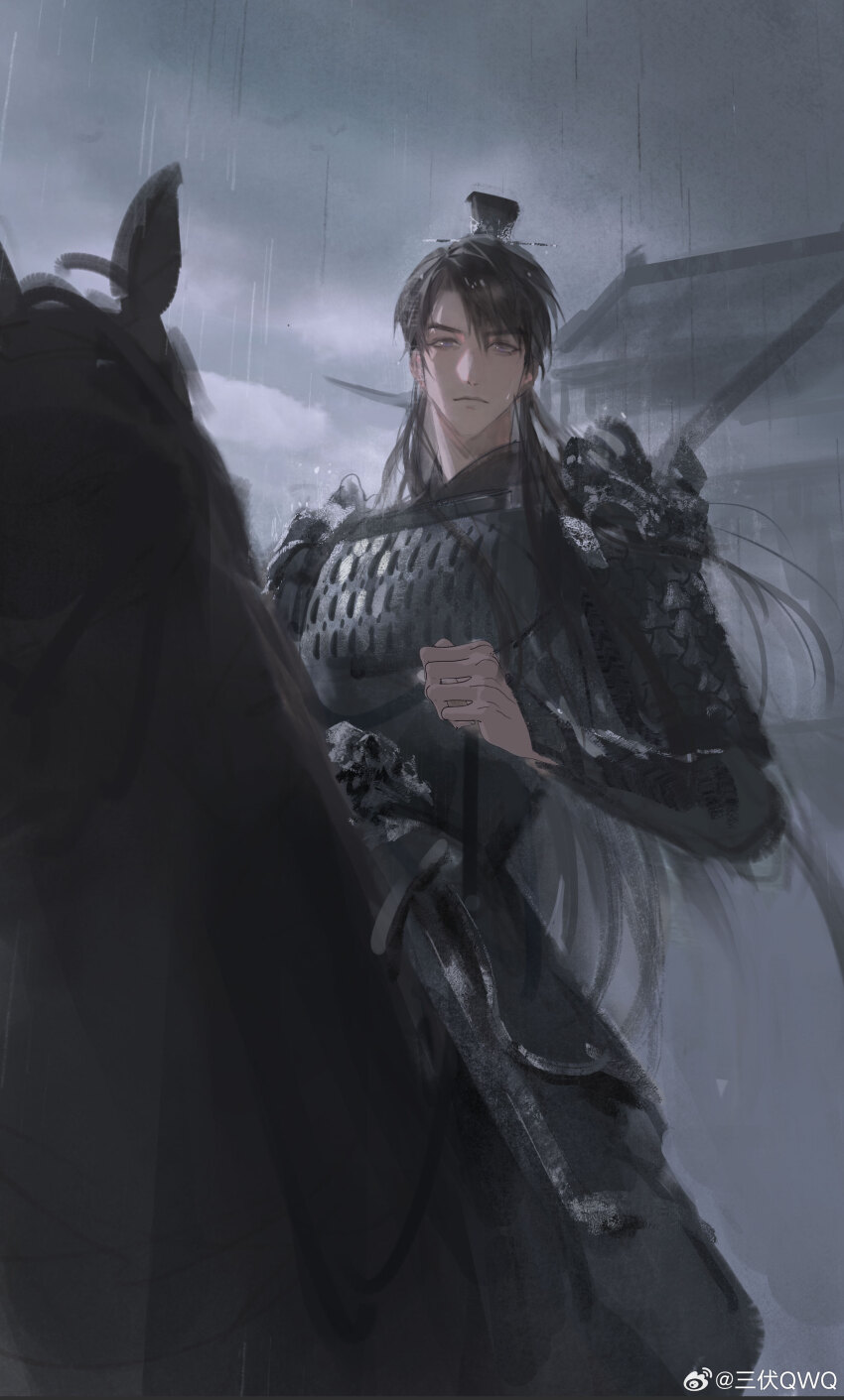 1boy absurdres armor black_hat breastplate caleb_(love_and_deepspace) chinese_armor hat highres horseback_riding love_and_deepspace male_focus rain riding sanfu_qwq shoulder_armor solo watermark weibo_username weibo_watermark