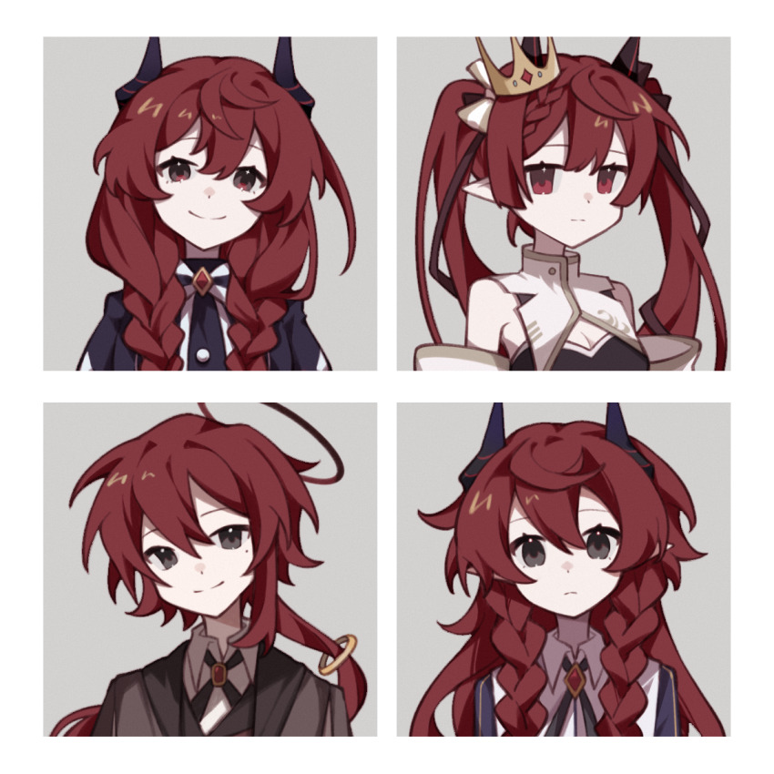 1other 3girls androgynous black_eyes black_horns border braid breasts cleavage closed_mouth double-parted_bangs grey_background highres horns jitome long_hair looking_at_viewer mandarin_collar mari_sleep mole mole_under_eye multiple_girls original pale_skin ponytail portrait rattail red_eyes red_hair small_breasts split_mouth twin_braids twintails white_border