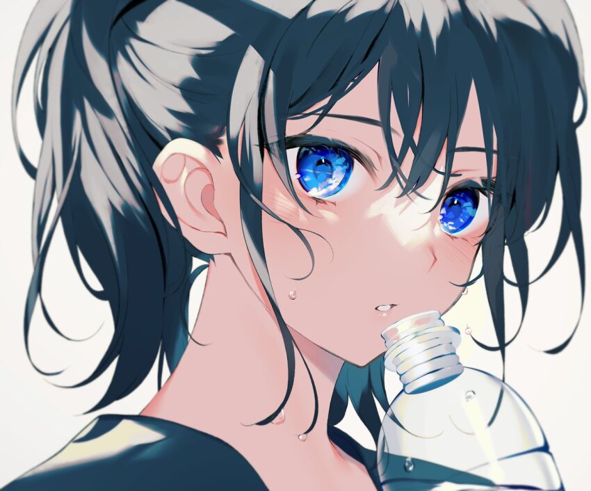1girl achiki black_hair blue_eyes blush bottle commentary crossed_bangs flying_sweatdrops hair_between_eyes holding holding_bottle looking_at_viewer medium_hair original parted_lips ponytail portrait sidelocks simple_background solo symbol-only_commentary upper_body white_background