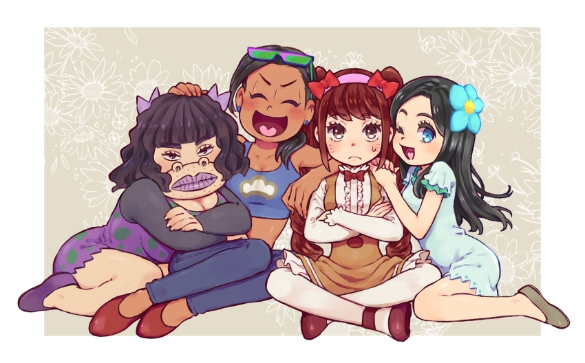 4girls black_hair blue_earrings blue_eyes bow breasts brown_eyes brown_hair center_frills chibimi chibita cleavage crossed_arms dark-skinned_female dark_skin dobusu_(osomatsu-san) earrings facial_mark flower_fairy_(osomatsu-kun) frilled_sleeves frills genderswap hair_bow heart heart_in_mouth jewelry kabu_(bekka) karako_(osomatsu-san) large_breasts long_hair multiple_girls multiple_hair_bows one_eye_closed open_mouth osomatsu-san osomatsu_(series) pantyhose plump purple_bow purple_lips short_hair smile twintails whisker_markings white_pantyhose