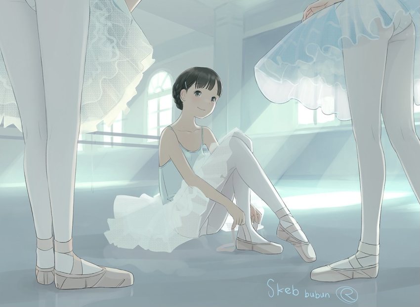 3girls ass athletic_leotard ballerina ballet_slippers blunt_bangs braid brown_eyes brown_hair commission french_braid hair_ornament hairclip indoors kneepits knees_up kokudou_juunigou legs leotard light_rays long_hair multiple_girls original pantyhose sitting skeb_commission smile standing thighs tutu tying_footwear white_legwear white_leotard window