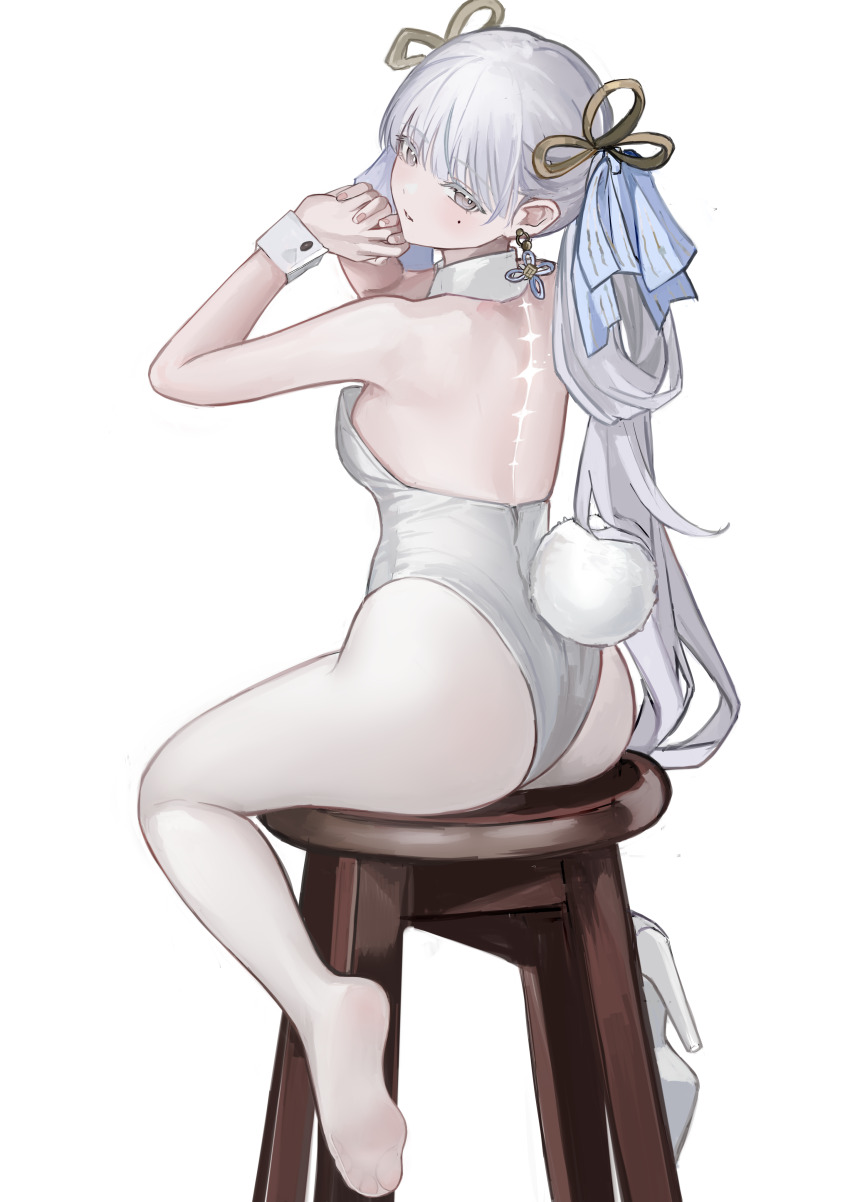 1girl absurdres alternate_costume ass back bare_shoulders bow breasts collar colored_eyelashes commentary earrings from_behind hair_bow highres jewelry jinhsi_(wuthering_waves) leotard long_hair looking_at_viewer looking_back medium_breasts mole mole_on_cheek nagata_gata on_stool own_hands_clasped own_hands_together pantyhose parted_lips shoes simple_background single_shoe sitting soles solo tacet_mark_(wuthering_waves) toes white_background white_bow white_collar white_eyelashes white_eyes white_hair white_leotard white_pantyhose white_shoes white_wrist_cuffs wrist_cuffs wuthering_waves