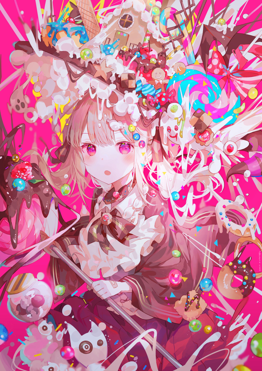 1girl :o absurdres ascot bandaid blunt_bangs blurry blush bow bowtie brown_bow brown_bowtie brown_cape cake candy candy_cane candy_hair_ornament cape cherry chewing_gum chocolate chocolate_covered depth_of_field donut food food-themed_hair_ornament frilled_ascot frills fruit gingerbread_house gingerbread_man gumball hair_ornament hat highres holding holding_candy holding_food holding_lollipop light_brown_hair lollipop long_hair looking_at_viewer magenta_background melting open_mouth original pink_background pink_eyes polka_dot red_bow solo sprinkles strawberry striped_bow umemaro_(siona0908) upper_body white_ascot