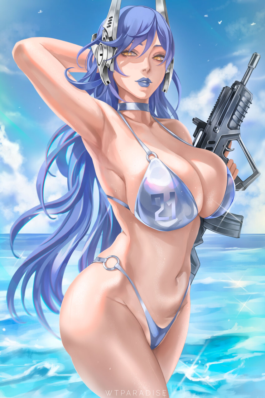 1girl absurdres arm_behind_head arm_up armpits assault_rifle bare_shoulders beach bikini blue_hair blue_lips breasts bullpup cleavage closed_mouth collarbone commission girls&#039;_frontline gun hair_between_eyes headgear highres holding holding_gun holding_weapon iwi_tavor large_breasts long_hair looking_at_viewer navel numbered o-ring o-ring_bikini o-ring_bottom o-ring_top ocean rifle robot_ears silver_bikini smile solo stomach swimsuit tar-21_(girls&#039;_frontline) tavor_tar-21 thighs very_long_hair weapon wtparadise yellow_eyes