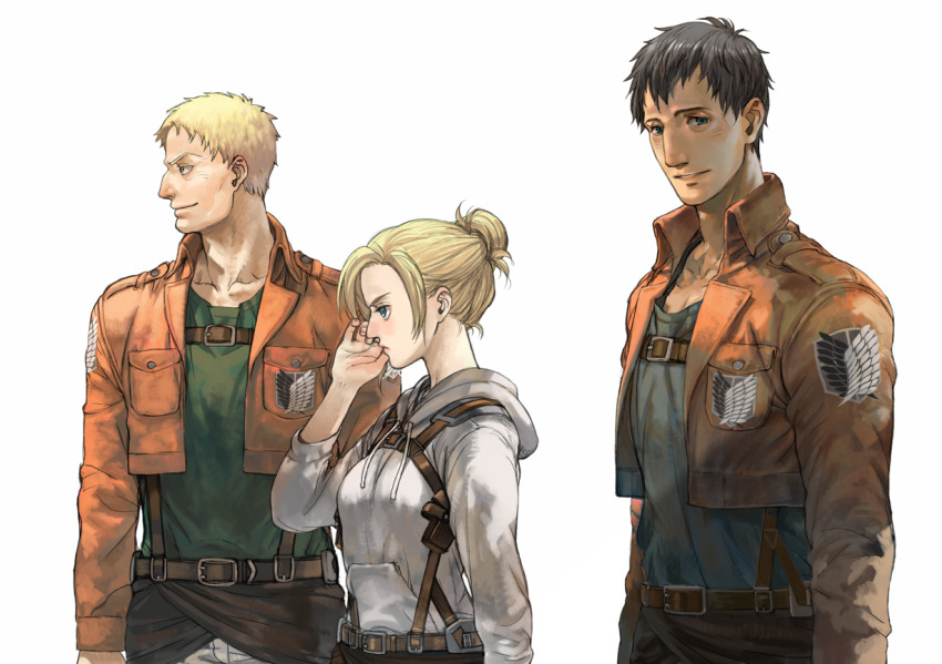 1girl 2boys annie_leonhart aquiline_nose bertolt_hoover breasts chest_belt cropped_jacket feet_out_of_frame green_shirt hair_bun hood hood_down looking_at_viewer looking_to_the_side medium_breasts multiple_boys nose paradis_military_uniform prema-ja reiner_braun shingeki_no_kyojin shirt short_hair smile standing survey_corps_(emblem) three-dimensional_maneuver_gear white_background