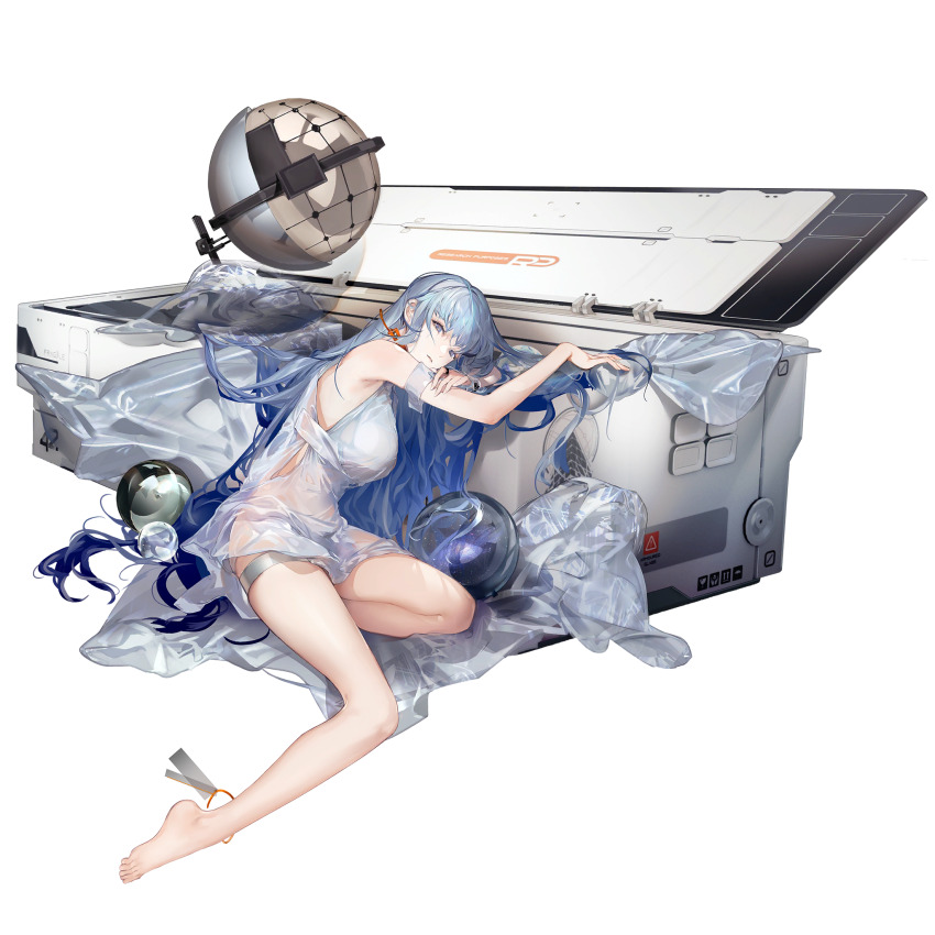 1girl artist_request barefoot blue_eyes blue_hair breasts check_artist dress game_cg girls&#039;_frontline girls&#039;_frontline_neural_cloud head_rest highres hubble_(astral_brilliance)_(neural_cloud) hubble_(neural_cloud) large_breasts leaning_on_object looking_at_viewer official_alternate_costume official_art on_ground porafree see-through_clothes see-through_dress shipping_container sitting solo thigh_strap third-party_source transparent_background white_dress