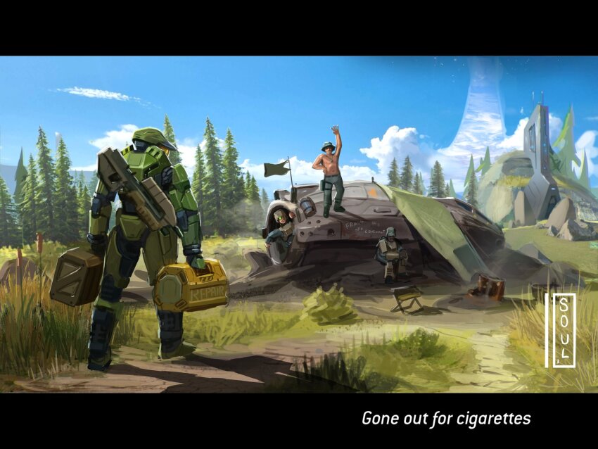4boys armor artist_name black_gloves boots brown_helmet bucket_hat chair class-3_enclosed_heavy_lifeboat cloud commentary dog_tags english_commentary english_text folding_chair forest gloves green_helmet halo:_combat_evolved halo_(series) hat helmet highres holding male_focus marine_(halo) master_chief multiple_boys nature power_armor scenery sergeant_johnson sky soul_ant19 spartan_(halo) topless_male waving weapon weapon_on_back