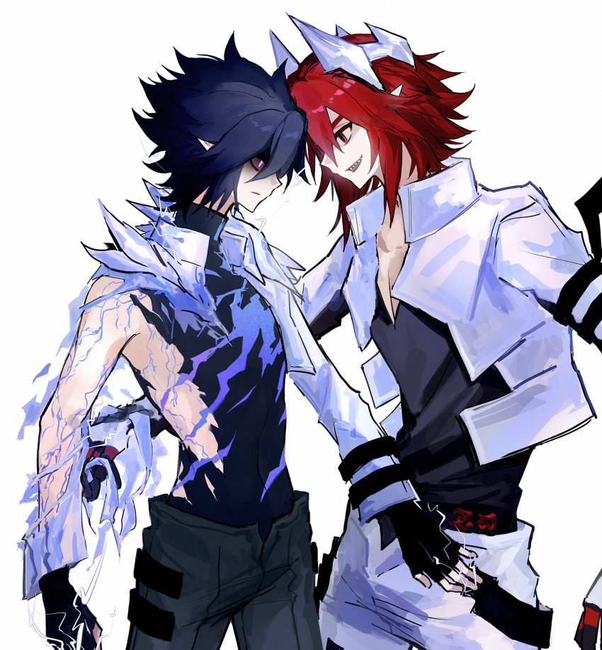 2boys absurdres aotu_world arm_ribbon black_gloves black_hair black_pants black_shirt chinese_commentary closed_mouth cropped_jacket diaoyushao20185 electricity fingerless_gloves from_side fur_trim gloves hair_between_eyes headgear high_collar highres jacket looking_at_another male_focus multiple_boys official_alternate_costume open_clothes open_mouth pants pectoral_cleavage pectorals pius_(aotu_world) pointy_ears profile purple_eyes ray_(aotu_world) red_eyes red_hair ribbon shaded_face sharp_teeth shirt short_hair simple_background smile spiked_hair teeth torn_clothes torn_shirt v-neck white_background white_jacket white_pants yaoi