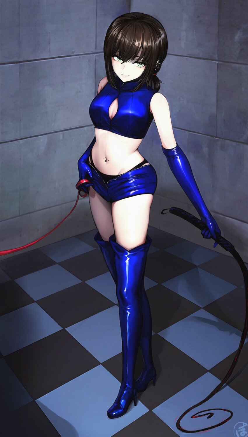 1girl black_hair bondage_outfit boots checkered_floor cleavage_cutout clothing_cutout elbow_gloves fubuki_(kancolle) gloves high_heel_boots high_heels highres kantai_collection kt68339720 light_smile looking_at_viewer navel shiny_clothes short_hair solo thigh_boots whip