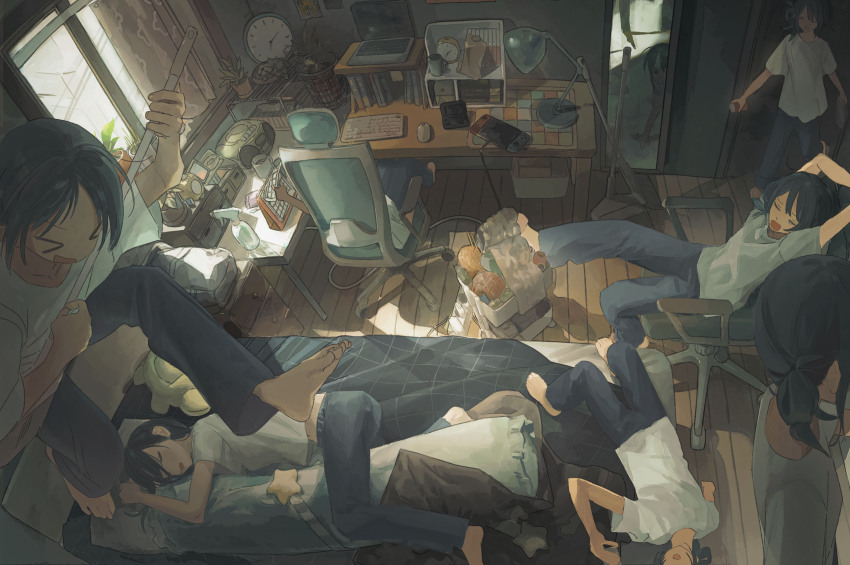 &gt;_&lt; analog_clock barefoot bed bedroom black_hair boombox bottle clock closed_eyes computer computer_keyboard desk desk_lamp different_reflection handheld_game_console highres indoors jumping lamp laptop mirror nintendo_3ds nintendo_switch open_mouth original pants pillow plant potted_plant reflection sequential_exposures shdpska368 shirt short_sleeves sitting sleeping spray_bottle standing stretching t-shirt unconventional_guitar white_shirt window wooden_floor