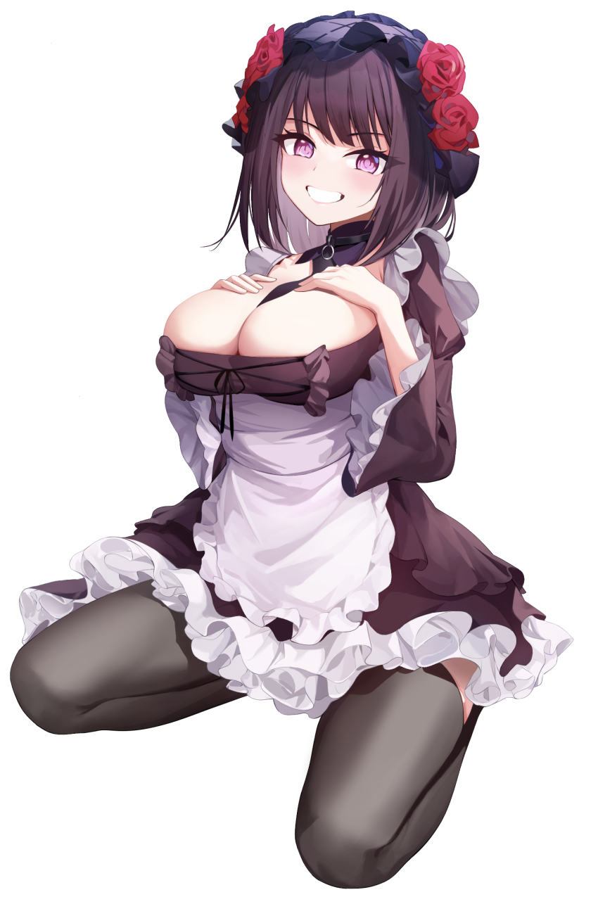 1girl apron bad_id bad_twitter_id between_breasts black_choker black_dress black_hair black_thighhighs breasts choker cleavage dress flower frilled_dress frills grin hair_flower hair_ornament hands_on_own_chest hands_up highres kitagawa_marin kuroe_shizuku large_breasts looking_at_viewer maid maid_apron maid_headdress medium_hair purple_eyes rable rose seiza simple_background sitting smile solo sono_bisque_doll_wa_koi_wo_suru thighhighs white_background