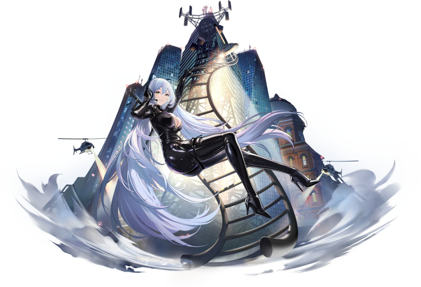 1girl aircraft arkhangelsk_(azur_lane) arkhangelsk_(grandiose_getaway)_(azur_lane) artist_request azur_lane black_bodysuit black_footwear black_gloves bodysuit breasts building catsuit cleavage full_body gloves hair_between_eyes headset helicopter high_heels highres ladder large_breasts long_hair microphone official_alternate_costume official_art one_eye_closed parted_lips searchlight shiny_clothes silver_hair skyscraper smile solo transparent_background twintails very_long_hair yellow_eyes