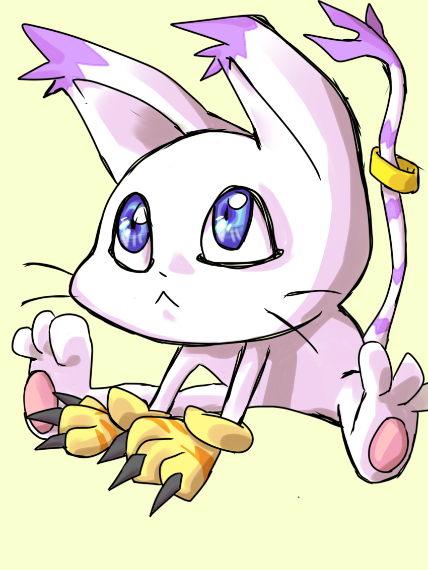 animal_hands blue_eyes body_fur cat digimon digimon_(creature) full_body gloves highres paw_gloves purple_tail saocyangeme888 simple_background sitting striped_tail tail tail_ornament tail_ring tailmon two-tone_tail whiskers white_fur white_tail yellow_background