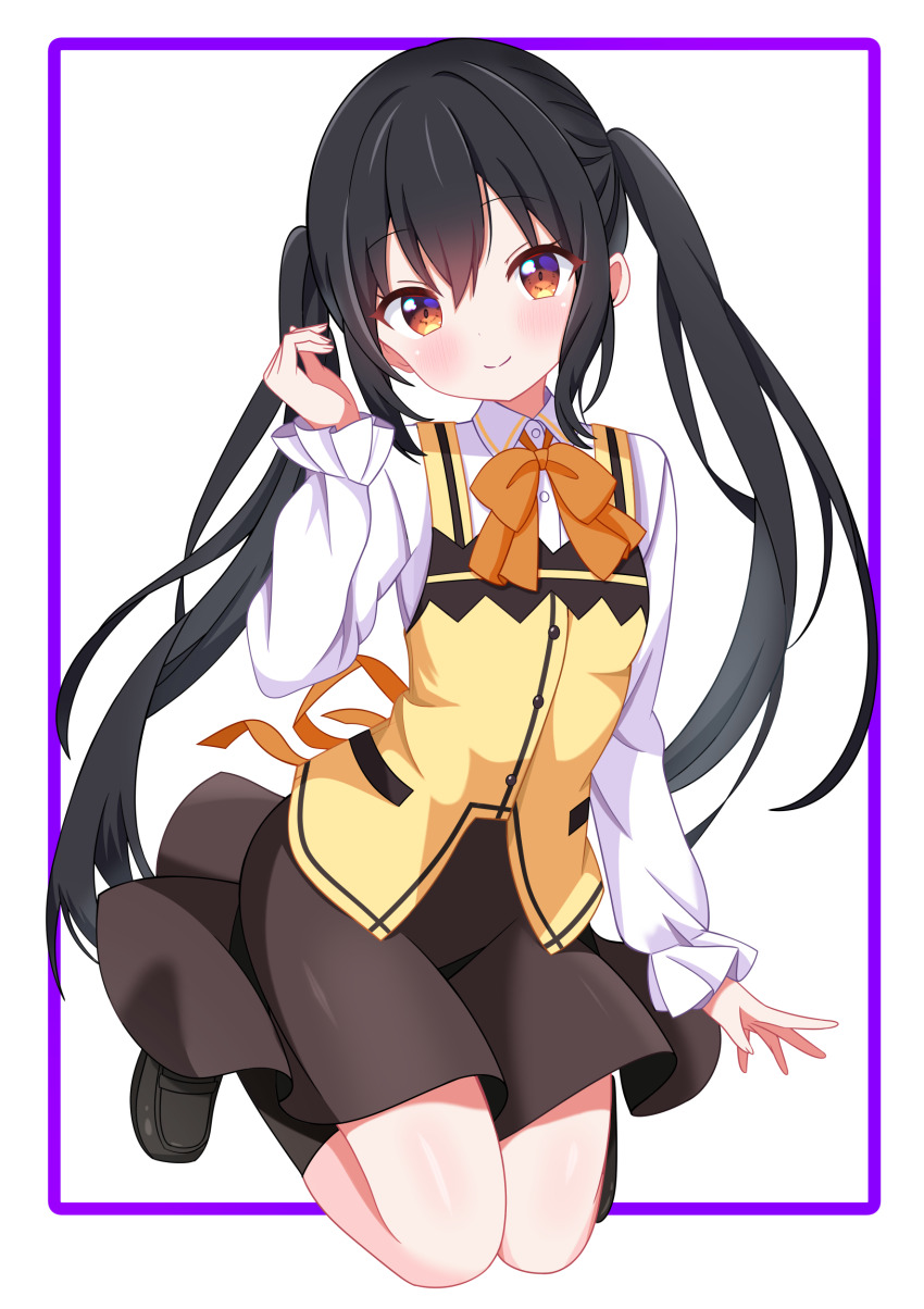 1girl absurdres alternate_costume black_hair black_shoes black_socks blush bow bowtie brown_eyes brown_skirt closed_mouth commentary_request cosplay frills gochuumon_wa_usagi_desu_ka? highres hiiragisensei k-on! kirima_syaro kirima_syaro_(cosplay) kneehighs kneeling long_hair long_sleeves looking_at_viewer nakano_azusa orange_bow orange_bowtie rabbit_house_uniform shirt shoes simple_background skirt smile socks solo thighs twintails vest white_background white_shirt yellow_vest