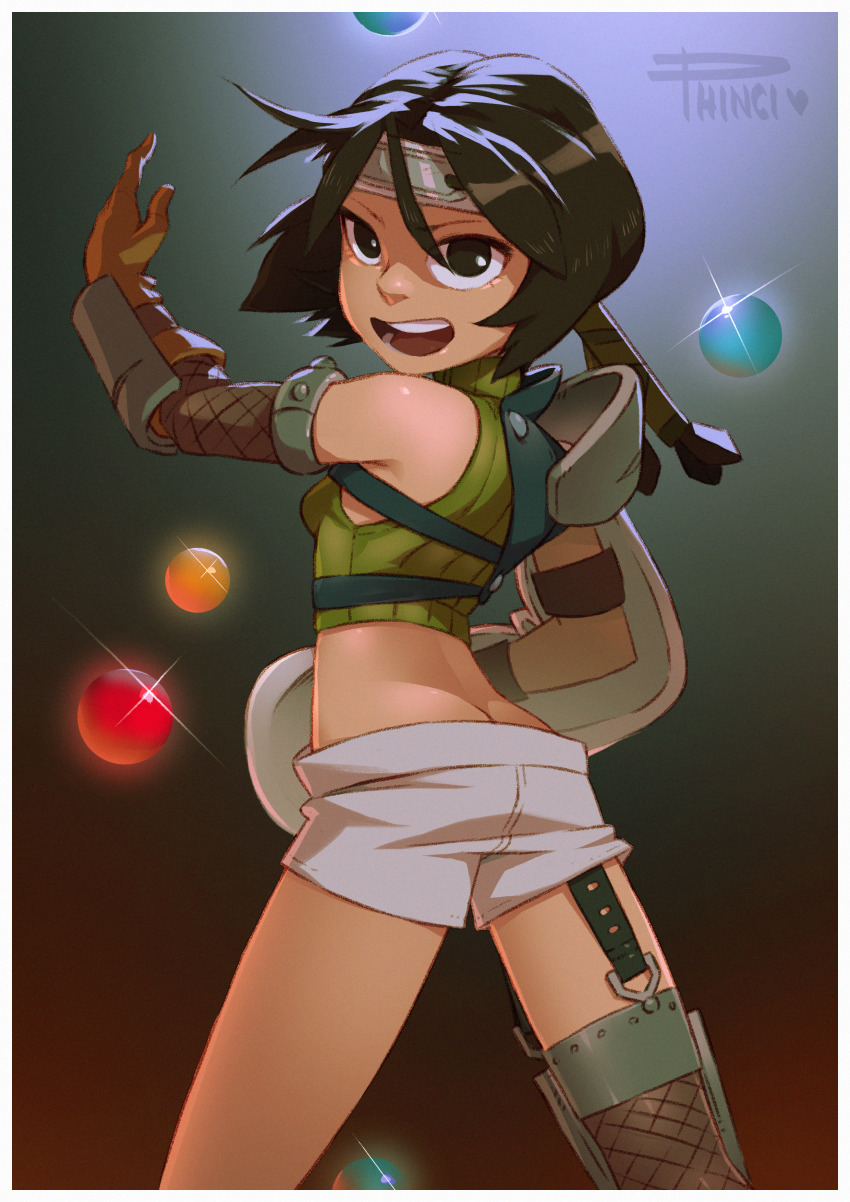 absurdres arm_up armor asymmetrical_legwear back bare_shoulders black_eyes black_hair bob_cut brown_gloves butt_crack cowboy_shot crop_top cropped_sweater film_grain final_fantasy final_fantasy_vii fishnet_legwear fishnets gloves gradient_background green_sweater hair_between_eyes headband highres huge_filesize looking_at_viewer looking_back open_mouth phinci ribbed_sweater short_hair short_shorts shorts smile solo sparkle sweater teeth turtleneck turtleneck_sweater uneven_legwear upper_teeth_only yuffie_kisaragi